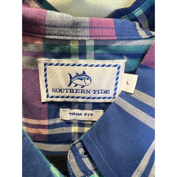 Southern Tide Shirt Mens Large Button Up Multicolor Plaid‎ Trim Fit Logo Cotton - Picture 5 of 6
